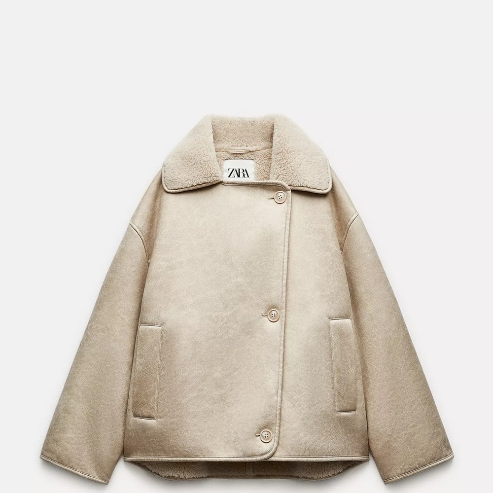ZARA Cream Teddy-Lined Short Coat - Picture 2 of 6